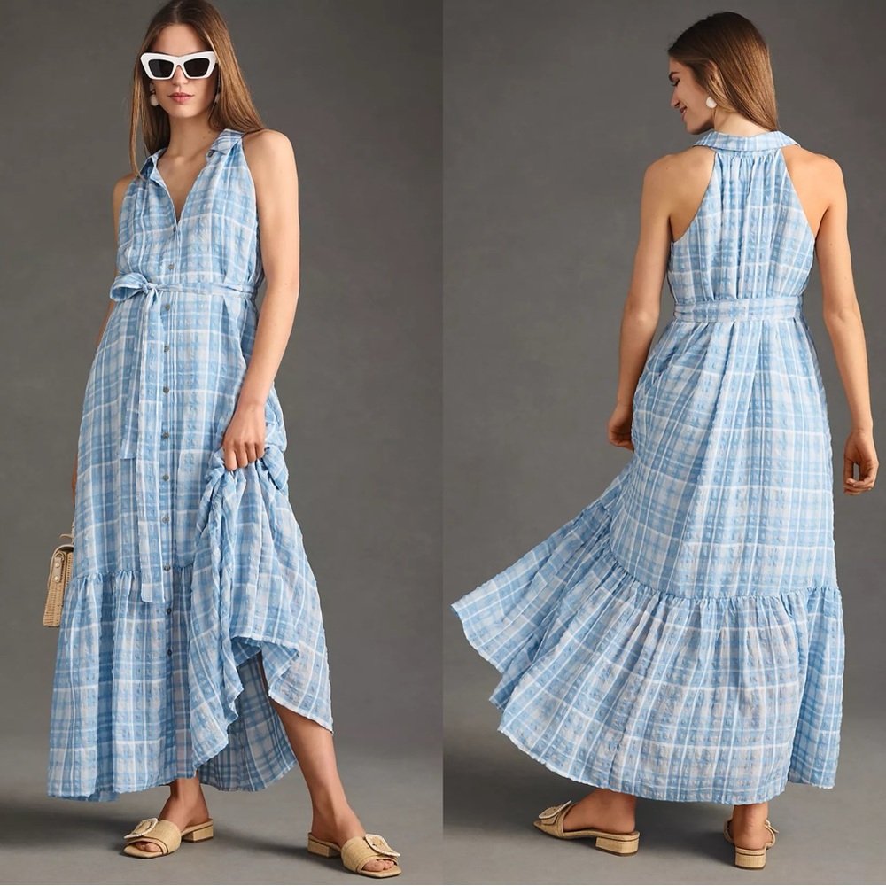 By Anthropologie Sleeveless Button Down Shirt Dress Blue Plaid Maxi Tiered XS